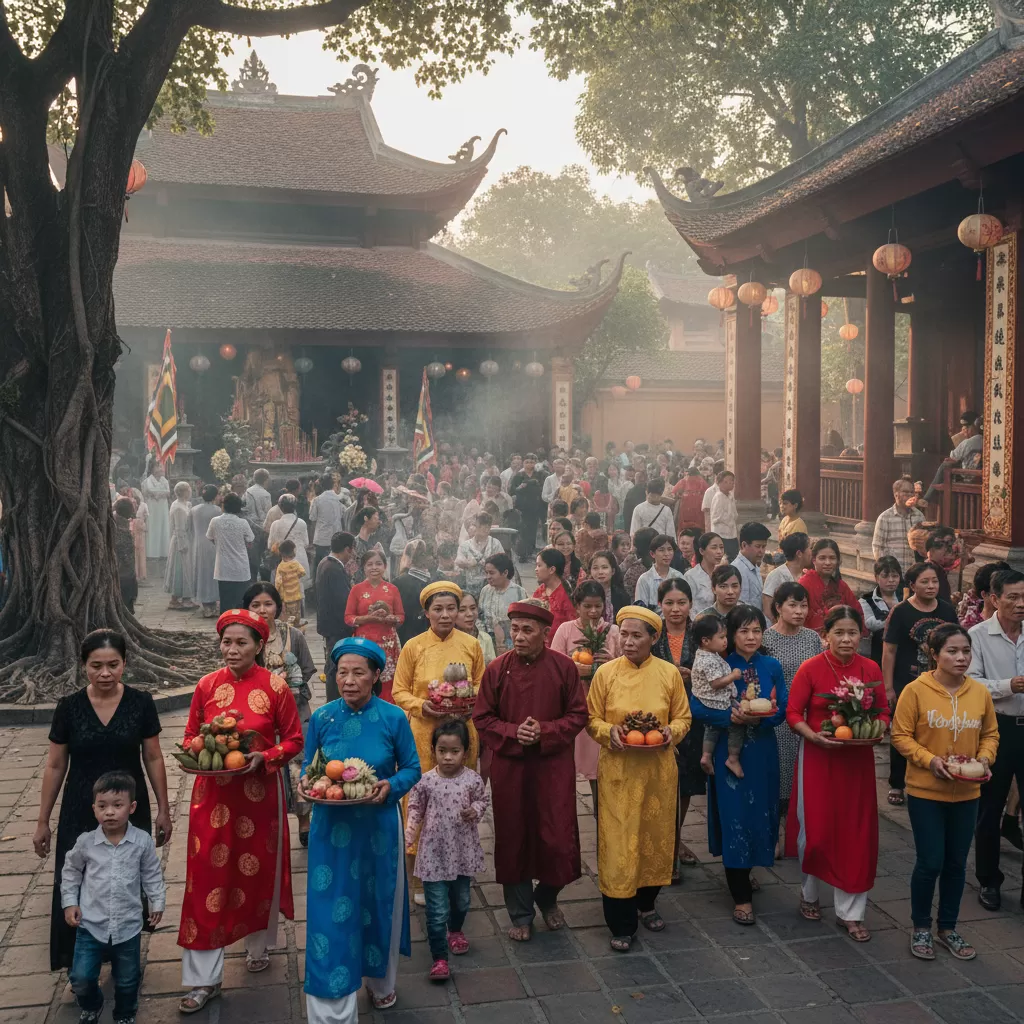 Du khách và người dân thành kính chiêm bái tại sân Đình Kim Liên