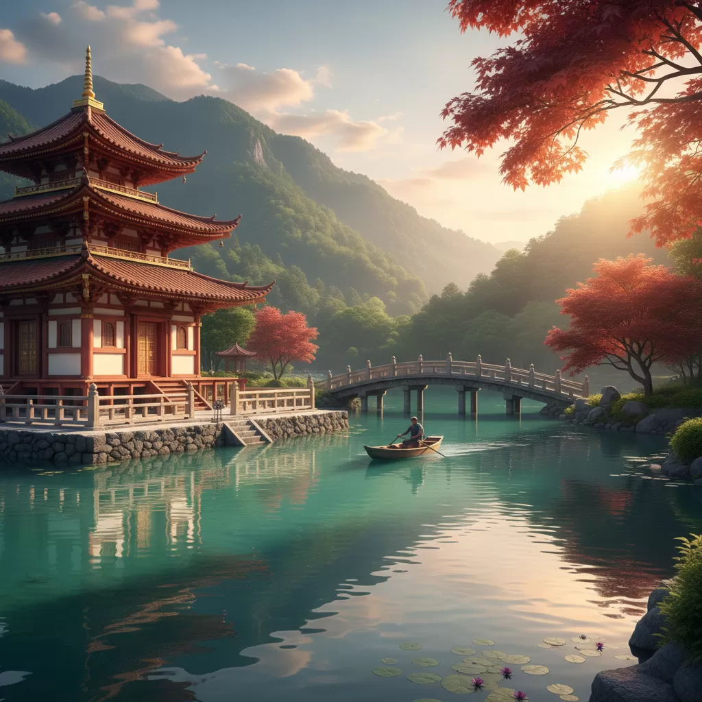 Không gian hồ nước xanh trong tạo nên vẻ đẹp thanh bình đặc trưng của Chùa Ngọc Hồ