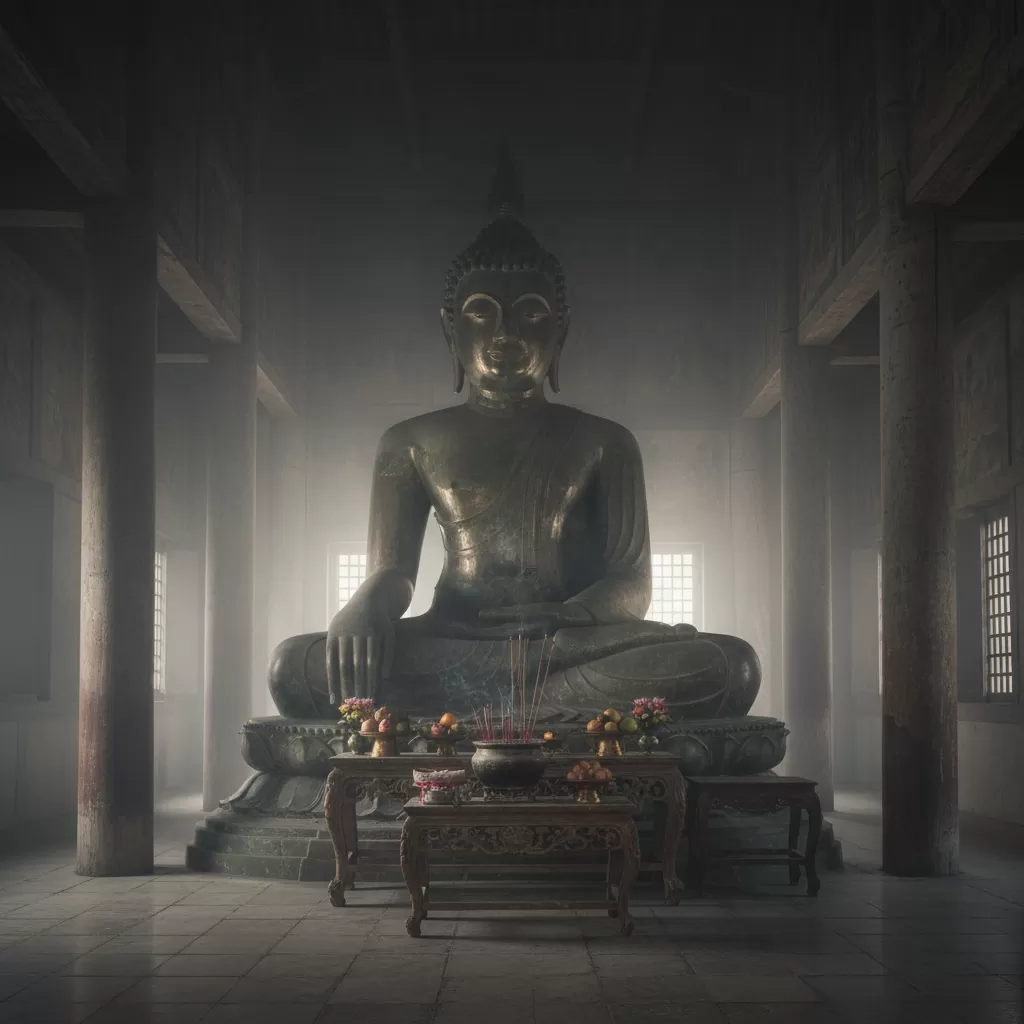 Hệ thống tượng Phật được chạm khắc tinh xảo bên trong chính điện Chùa Ngọc Hồ