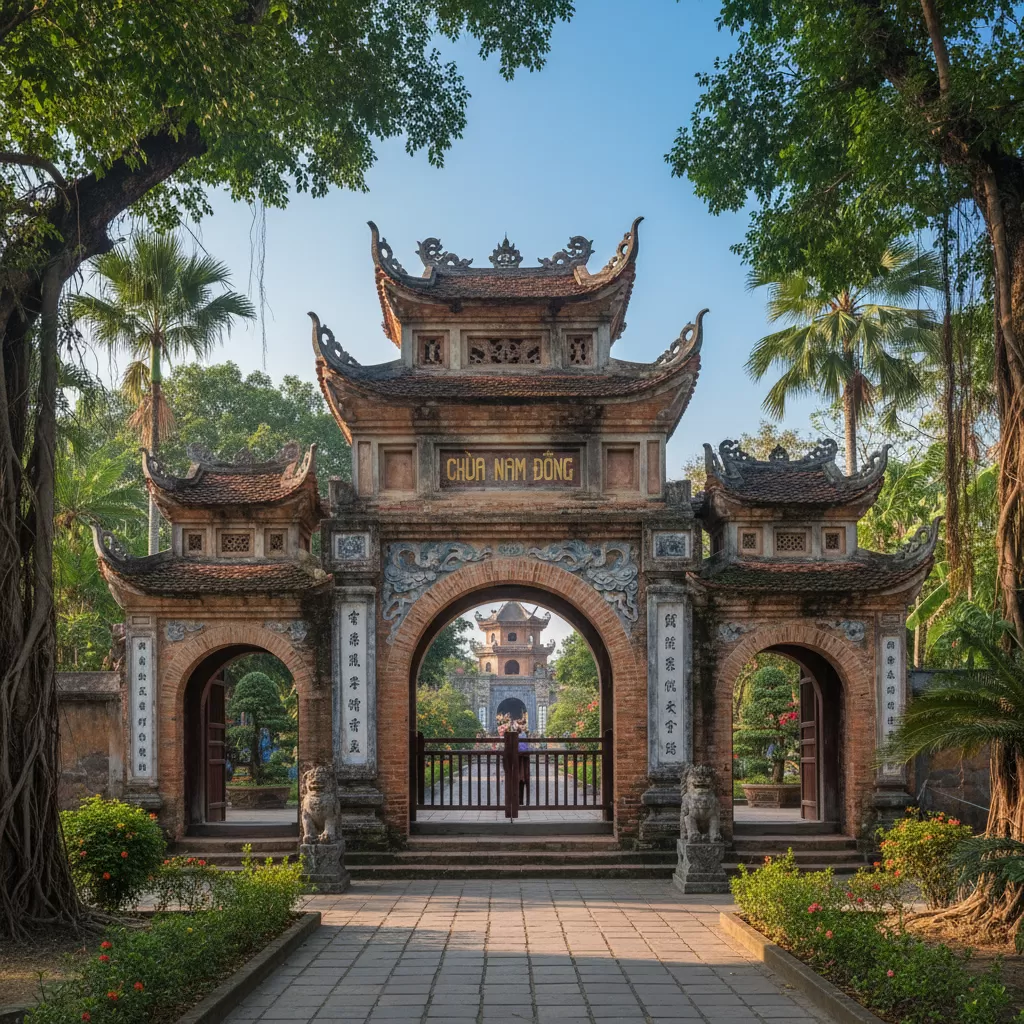 Lối vào Chùa Nam Đồng với kiến trúc cổng tam quan đặc trưng
