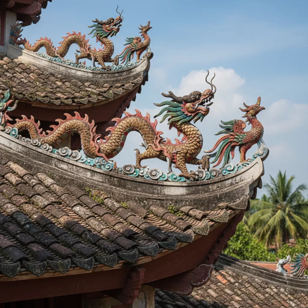 gemini_image_1773168048 Các họa tiết chạm khắc tinh xảo trên mái và xà gồ tại Đình Đền Trung Tả