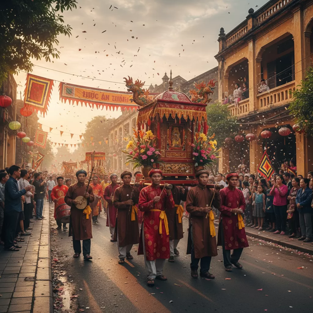 gemini_image_1773168049 Nghi thức rước kiệu truyền thống trong ngày hội tại Đình Đền Trung Tả