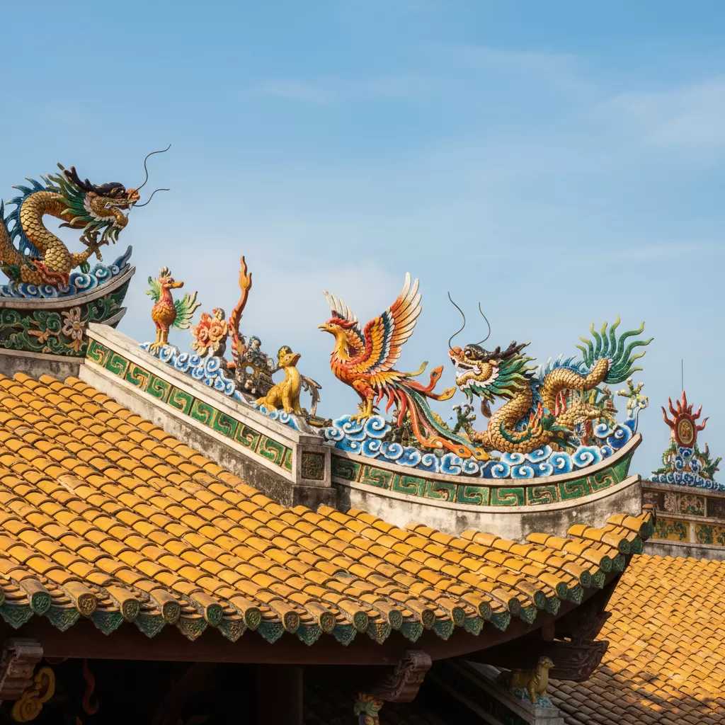 Nét chạm trổ tinh xảo trên mái đao và cột trụ của Chùa Quang Minh