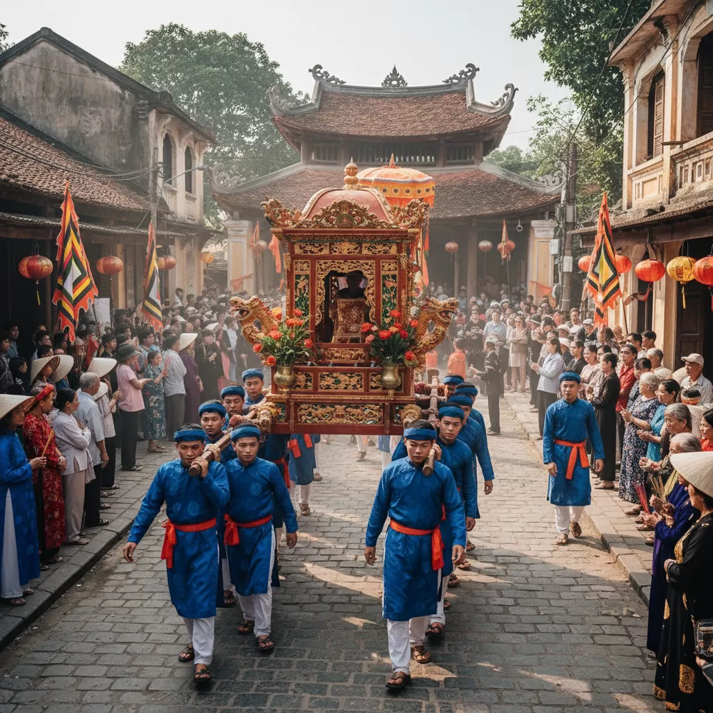 gemini_image_1773171372-1 Nghi thức rước kiệu trang trọng trong ngày lễ hội tại Đình Thịnh Hào