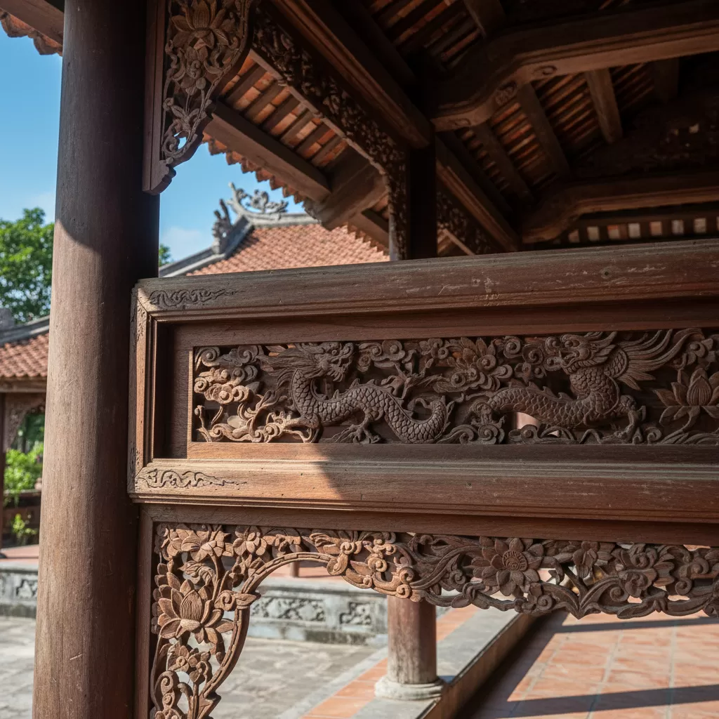 gemini_image_1773171372 Những đường nét chạm khắc gỗ tinh xảo trên các cấu kiện kiến trúc tại Đình Thịnh Hào