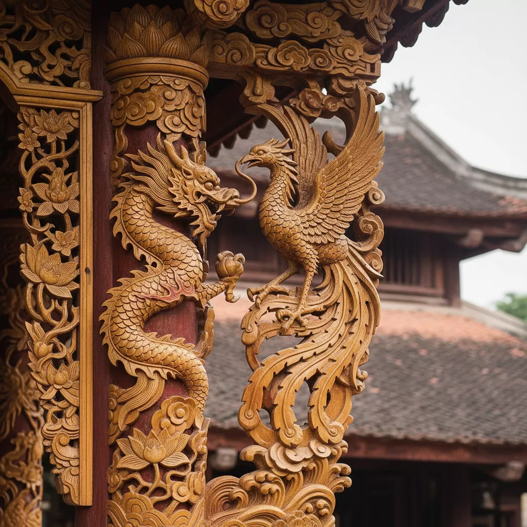 Những đường nét chạm khắc tinh xảo trên các cấu kiện gỗ tại Đình Trung Phụng