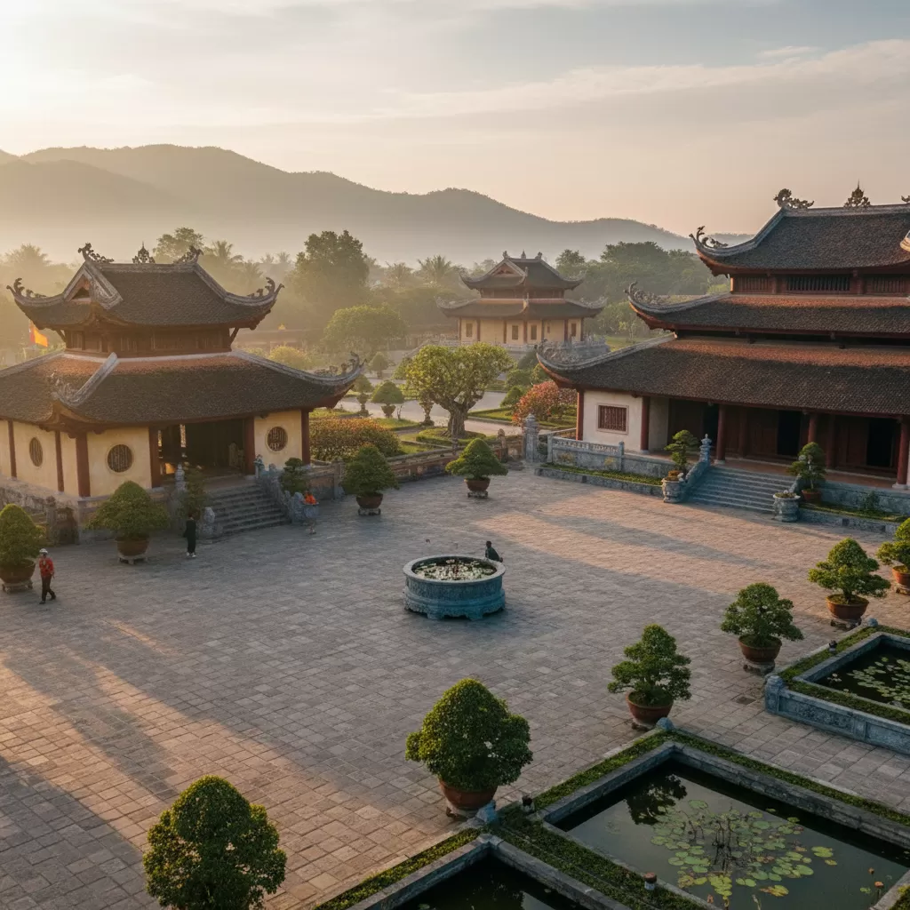 gemini_image_1773174760-1 Kiến trúc mái đao truyền thống kết hợp với khuôn viên xanh mát tại Đền Vườn