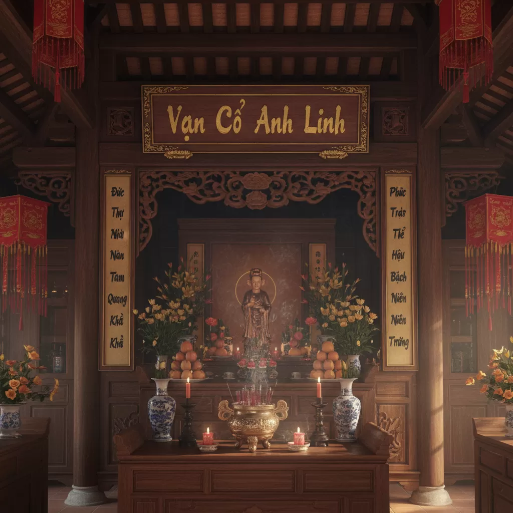 gemini_image_1773174760 Không gian nội tự linh thiêng với các bức hoành phi và câu đối cổ tại Đền Vườn
