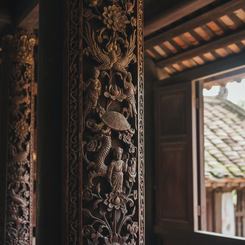 Nghệ thuật chạm khắc gỗ tinh xảo bên trong ngôi đình cổ