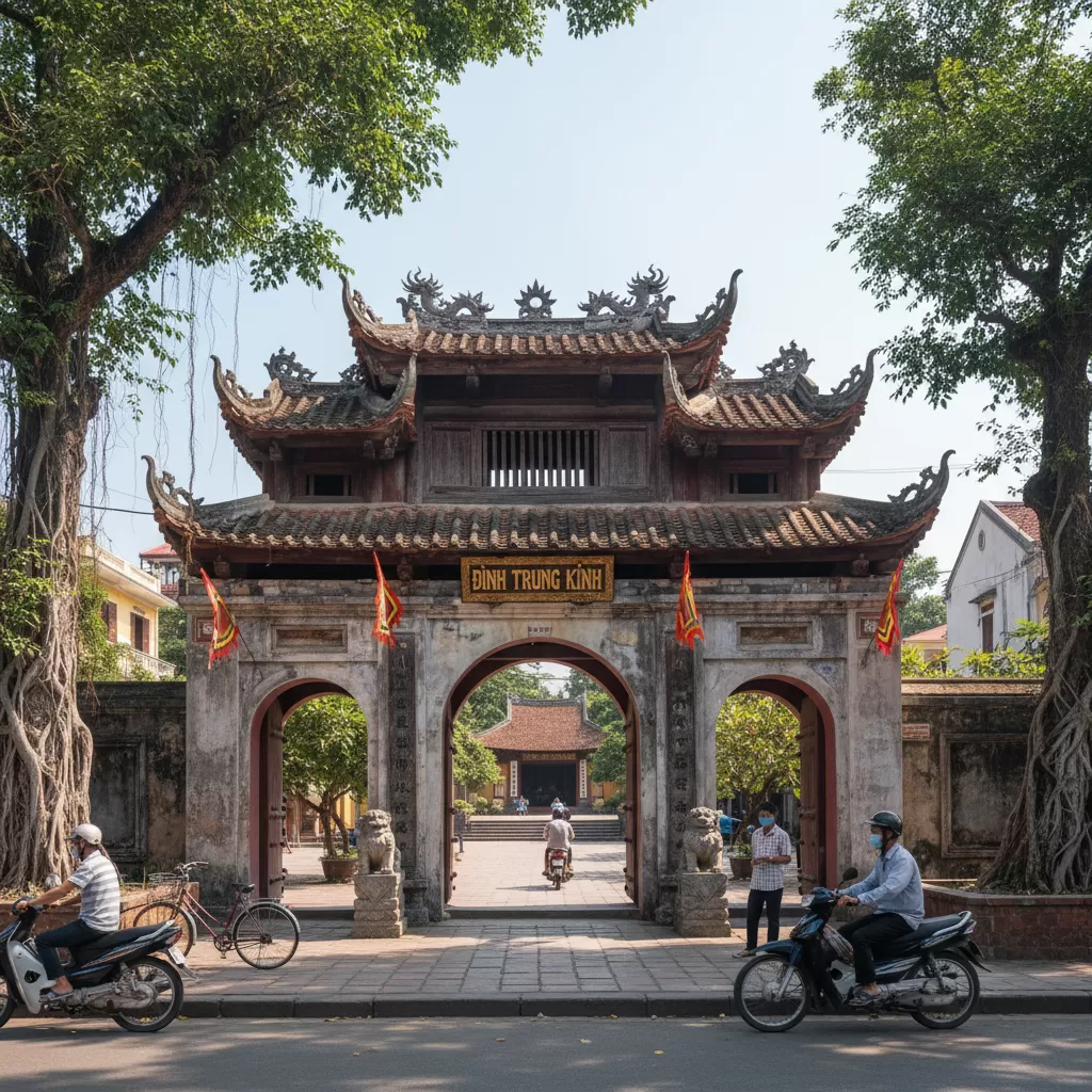 gemini_image_1773175313 Cổng tam quan của Đình Trung Kính với kiến trúc truyền thống đặc trưng