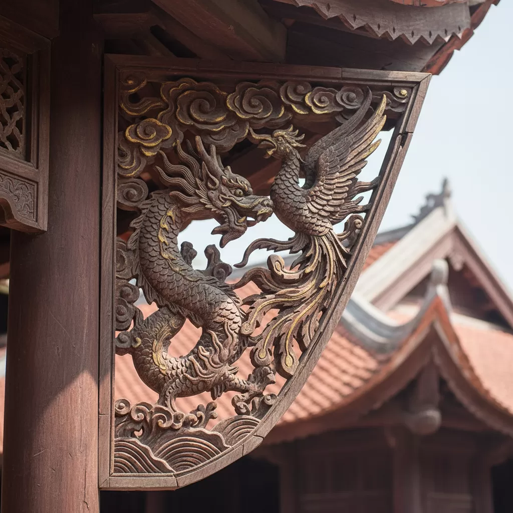 gemini_image_1773175454-1 Nghệ thuật chạm khắc tinh xảo trên các cấu kiện gỗ tại Đình Thanh Miến