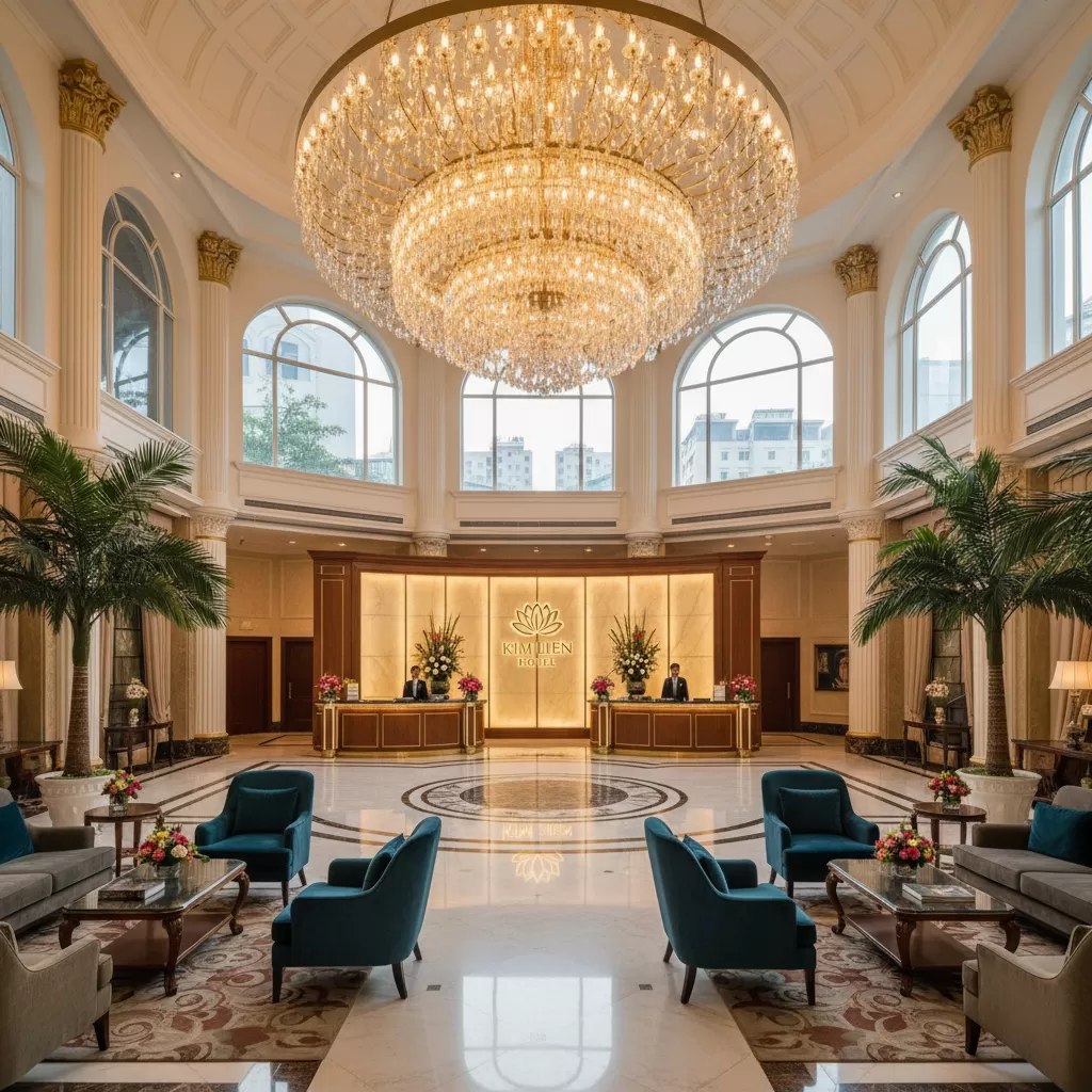 gemini_image_1773197024 Sảnh đón khách sang trọng và lịch sự tại Khách sạn 4 sao Kim Liên