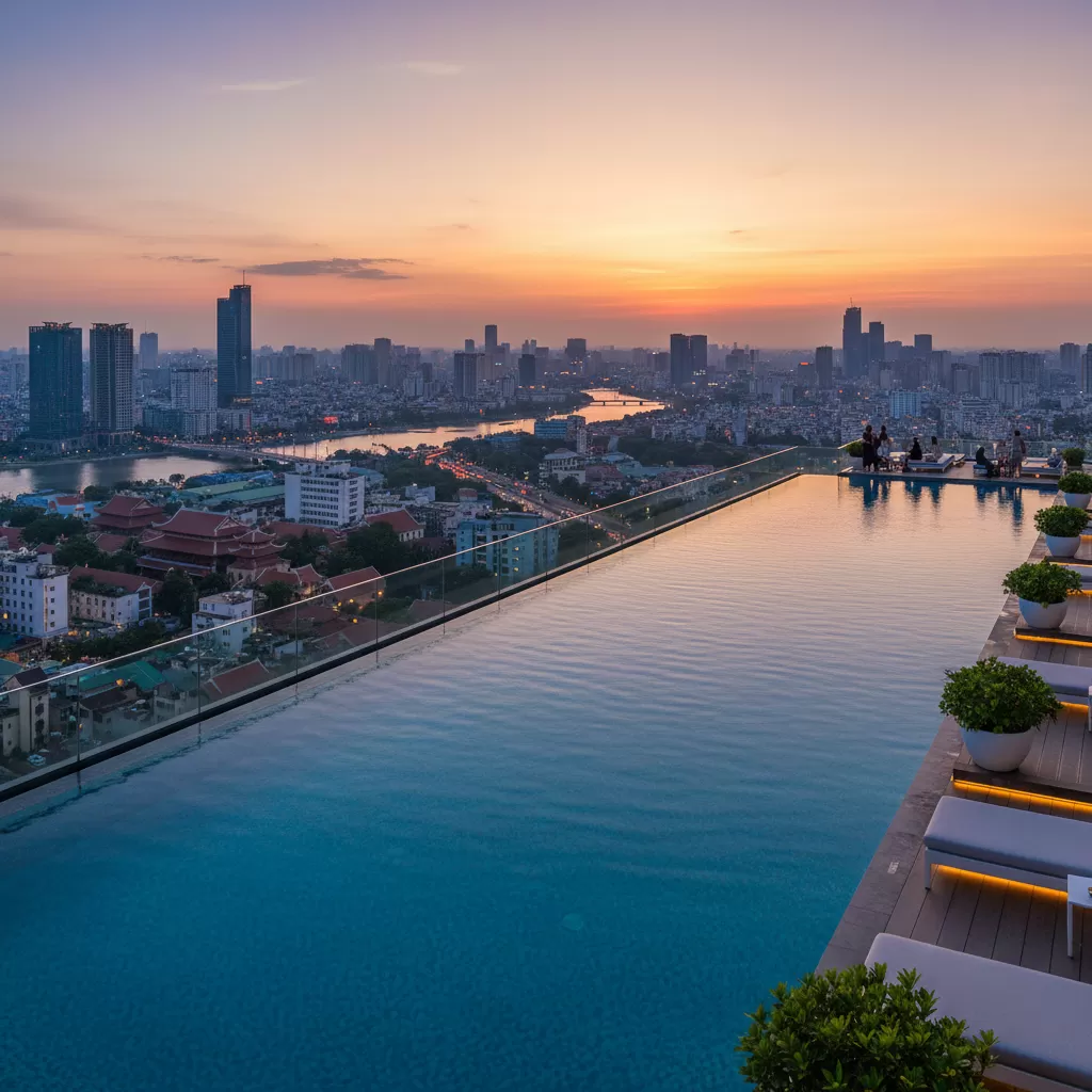 Hồ bơi vô cực hiện đại tại Novotel Hanoi Thai Ha với tầm nhìn bao trọn thành phố