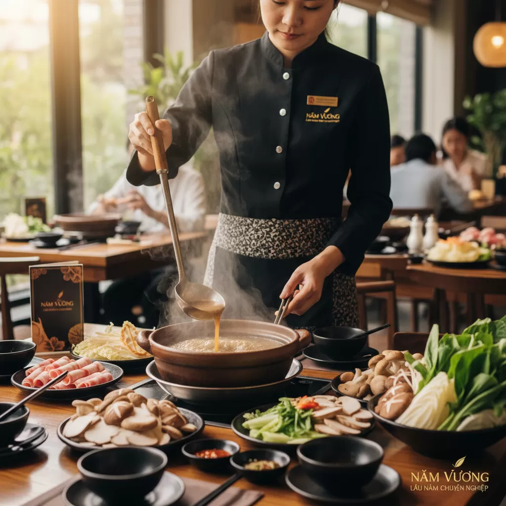 Đội ngũ nhân viên phục vụ tận tâm là điểm cộng lớn tại các nhà hàng lẩu nấm