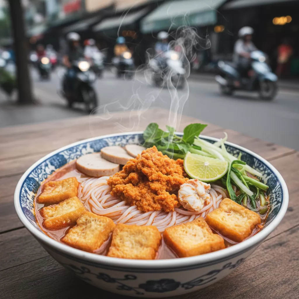 gemini_image_1773207879 Bún riêu cua là món ăn đêm ấm bụng được nhiều người lựa chọn tại Chùa Bộc