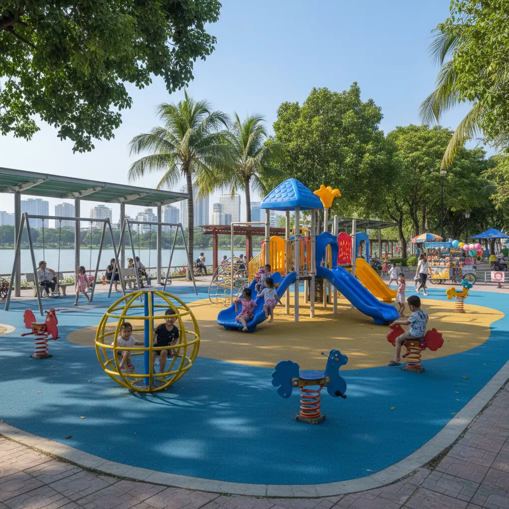 Không gian xanh mát và khu vận động ngoài trời tại Công viên Thống Nhất là nơi lý tưởng cho bé