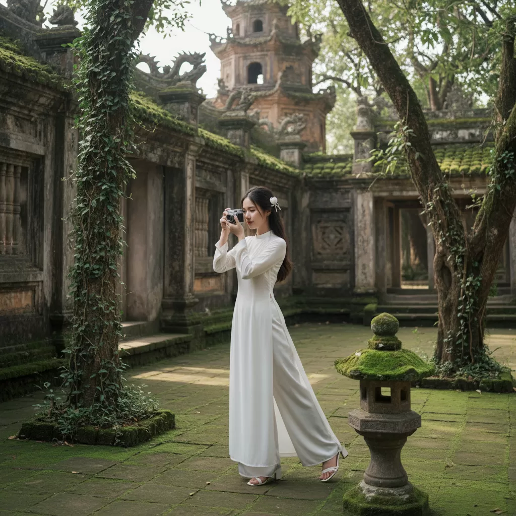 Áo dài truyền thống là lựa chọn hoàn hảo khi chụp ảnh tại khuôn viên Chùa Bộc