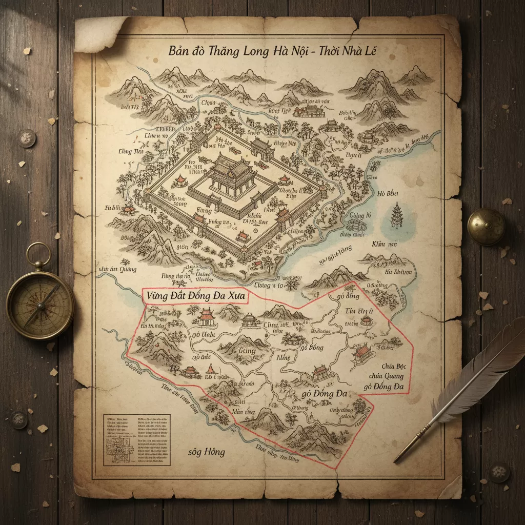 Bản đồ minh họa vị trí chiến lược của vùng đất Đống Đa trong không gian kinh thành Thăng Long xưa