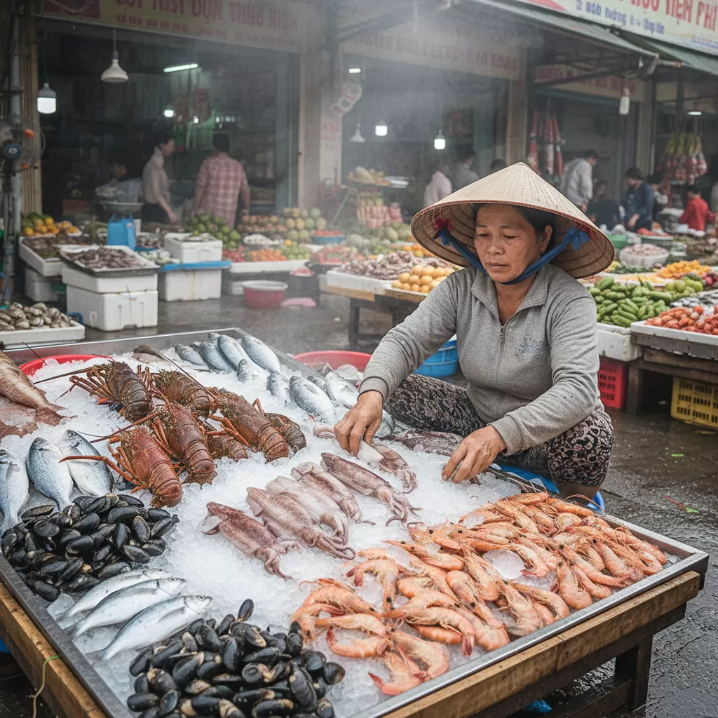 Lựa chọn hải sản tươi sống là trải nghiệm không thể bỏ qua tại chợ Đống Đa