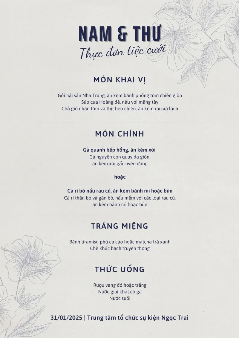 Các món ăn trong thực đơn tiệc cưới được trình bày tinh tế và bắt mắt