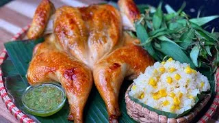 Món gà nướng lu vàng ruộm ăn kèm xôi nếp nương là đặc sản không thể bỏ qua tại Ao Quán
